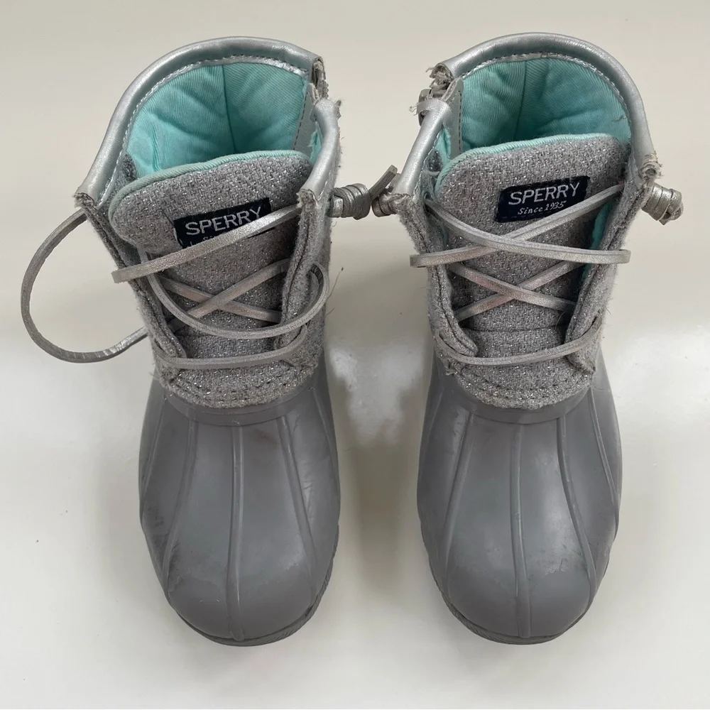 Sperry Top-Sider Kids Glitter Grey Gray Silver Saltwater Duck Boots Size 10